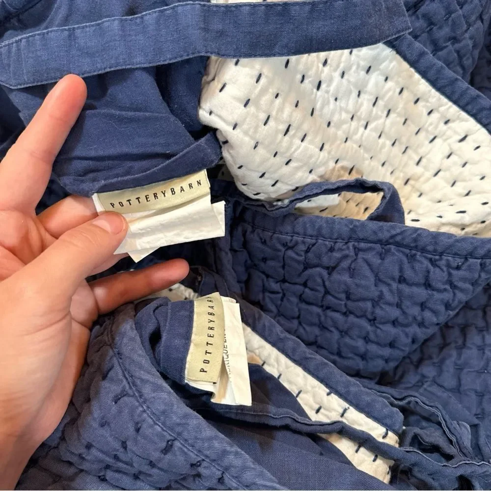 Pottery Barn Pick-Stitch Cotton Linen Set Of 2 Standard Shams Navy Blue